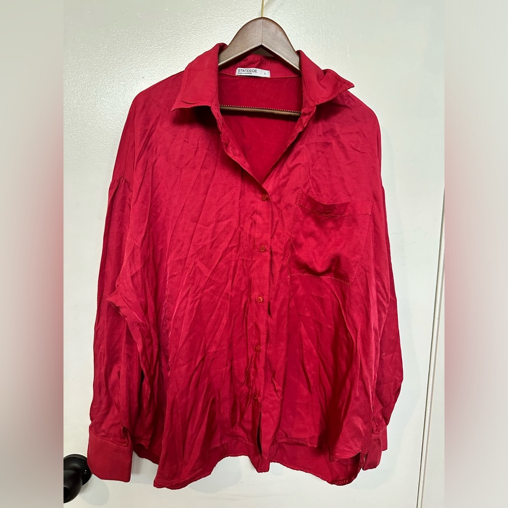Anthropologie Stateside Button Down Red Blouse Size L Viscose NWOT